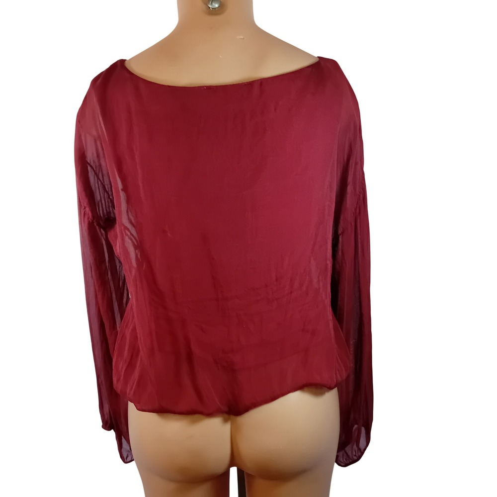Y2K Femme Silk Blouson Hem Flowy Whimsigoth Burgundy Rose Blouse Sheer Sleeves M - Picture 5 of 16